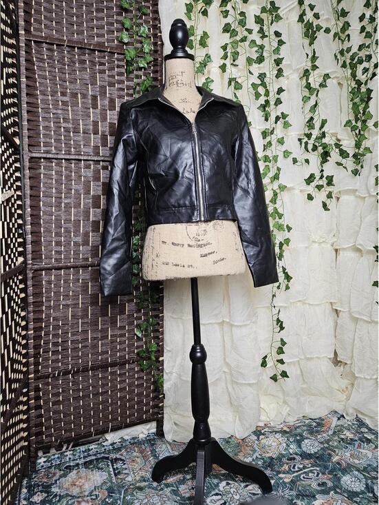 Jackets & Blazers - Black Faux Leather Jacket Cropped Zip Up Edgy Minimalist Biker Style